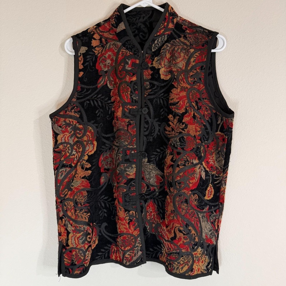 Vtg Y2K Womens Black Tapesty Floralβ Paisley Boho Asian Reversible Jacket Vest L